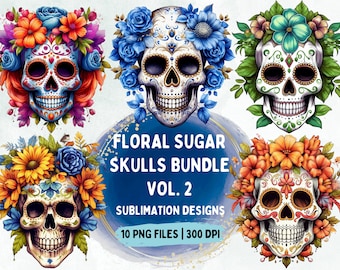 Floral Sugar Skull Clipart Bundle | Day of the Dead PNG Designs (Digital Download)