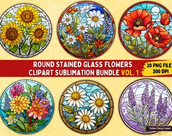 Stained Glass Flowers Clipart Bundle: Round Floral PNG Files (Digital Download)