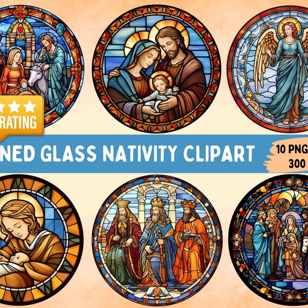 Stained Glass Christmas Nativity Clipart Bundle  | 10 PNG Files for Christmas Ornaments, Cards, Gift Tags, Mugs and Tshirts