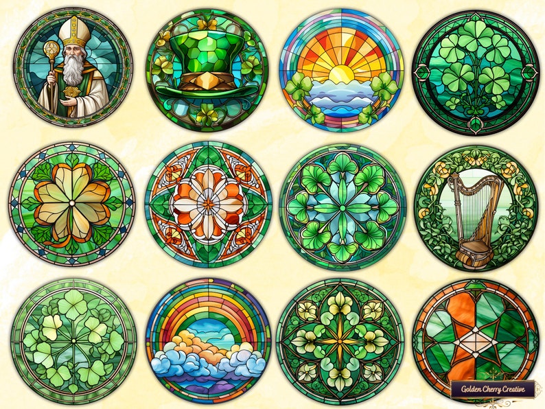 Round Stained Glass St. Patrick's Day Clipart Sublimation Bundle 20 PNG Files for Ornaments, Cards, Gift Tags, Mugs, Tshirts and more image 2
