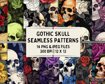Patrones sin costuras de calaveras góticas y rosas: Papel digital PNG JPEG (juego de 14)