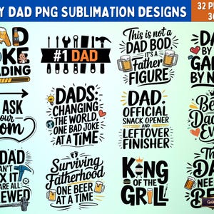 Paquete de sublimación PNG con 32 frases divertidas sobre papás / Diseños de sublimación de alta resolución sobre paternidad para camisetas, tazas, regalos, bolsas de mano y tarjetas de felicitación