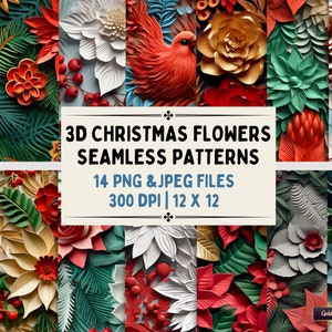 3D Weihnachtspapier geschnittene Blumen nahtlose Muster | Winter Digitale Papier Set | 14 PNG- und JPEG-Dateien für Hintergründe, Scrapbooking, Stoffe