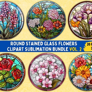 Lot de fleurs rondes en vitrail pour sublimation, vol. 2 | 20 fichiers PNG pour cartes, enseignes, sous-verres, porte-clés, tasses, t-shirts, art mural