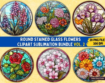 Stained Glass Flowers Clipart: Round PNG Bundle (Digital Download)