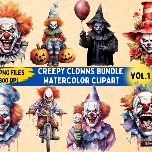 Creepy Clowns Bundle Vol. 1 | Watercolor Sublimation Clipart | 15 PNG Files