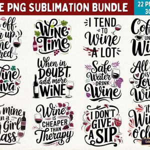 22 grappige wijncitaten PNG-sublimatiebundel | Sublimatieontwerpen voor wijnliefhebbers met hoge resolutie voor T-shirts, glazen, geschenken, draagtassen, kaarten