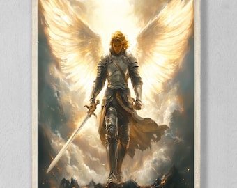 May include: A painting of an angel with large white wings, wearing armor and holding a sword. The angel is standing on a cloud with a golden glow.