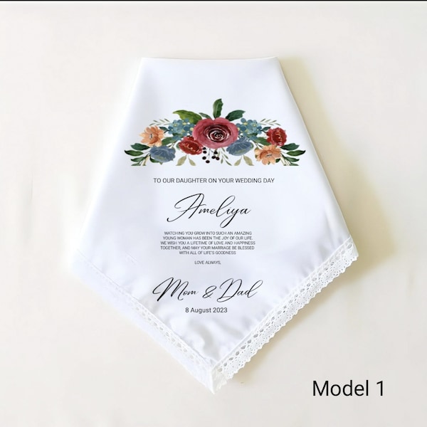 Bridal gift,custom hankerchief for bride, personalized wedding gift for bride from parents,gift from parents for daughter on her wedding day