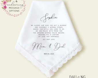 Wedding Gift for Daughter from Mom, Personalized Wedding Handkerchief, Wedding Day Gift for Bride, Bride Gift from Parents, from Mom and Dad