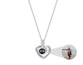 Collier Pendentif Photo - Collier Cœur Personnalisable avec Photo - Collier Projection Personnalisé - Idée Cadeau Noël pour Femme