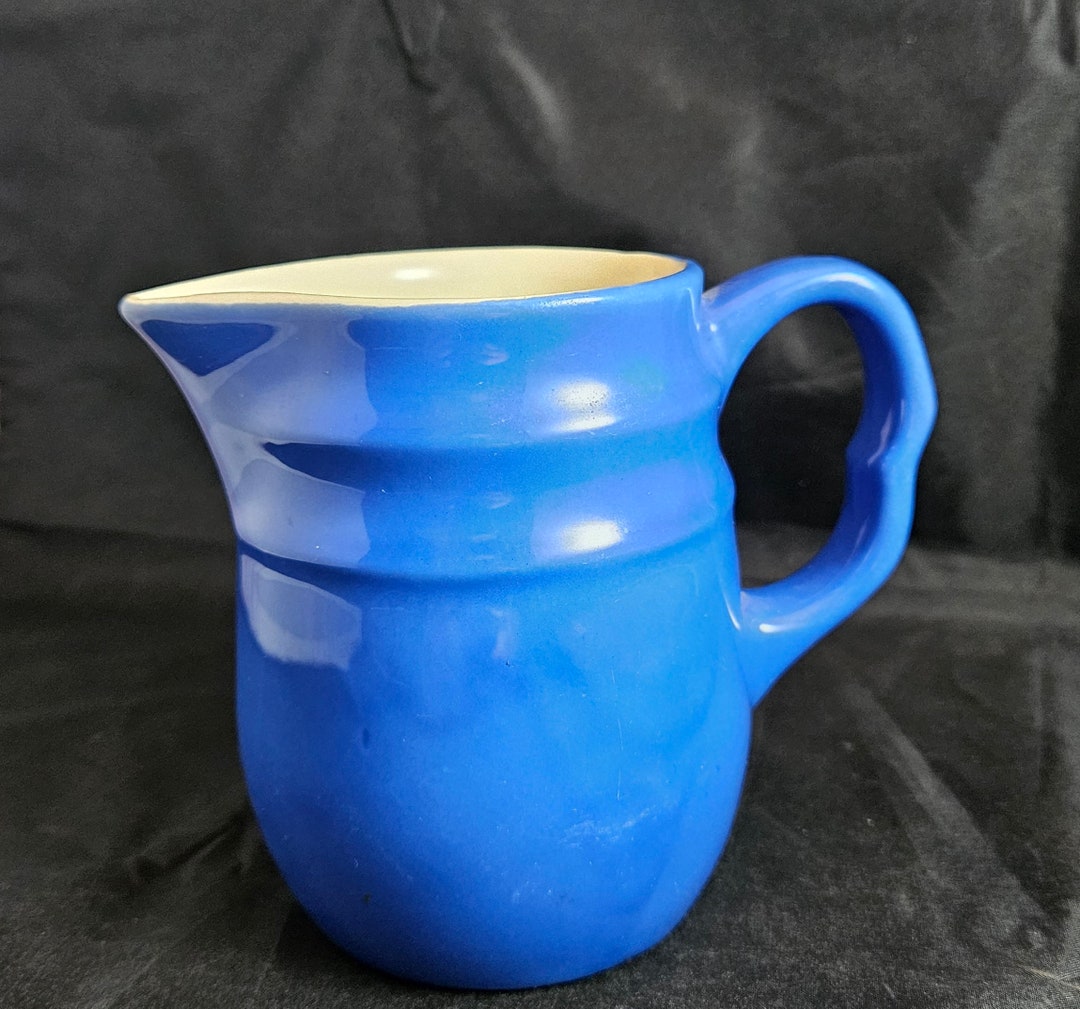 Oxford Stoneware Blue Milk Pitcher, Small With Cream Interior USA