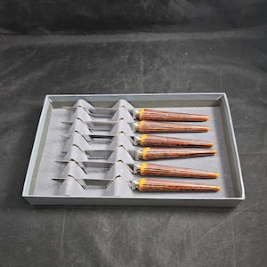 Vintage Sheffield England Bakelite Knives Faux Carved Wood Stag Horn Handle Serrated Stainless Steel Flatware Utensils Cutlery Set of 6