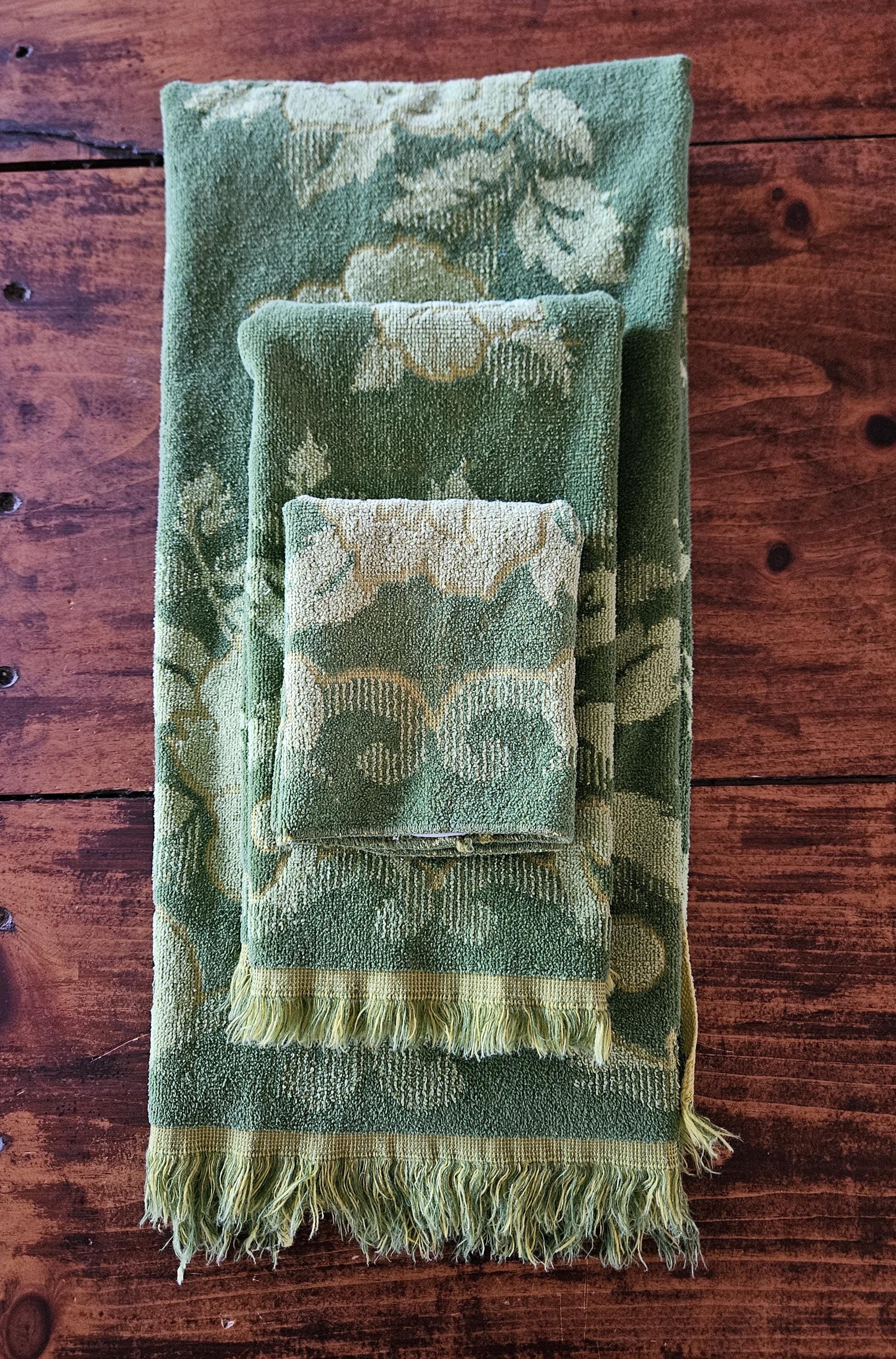 Vintage Sears Green Fringe Floral 3 Piece Bath Towel Set, Mid Century ...
