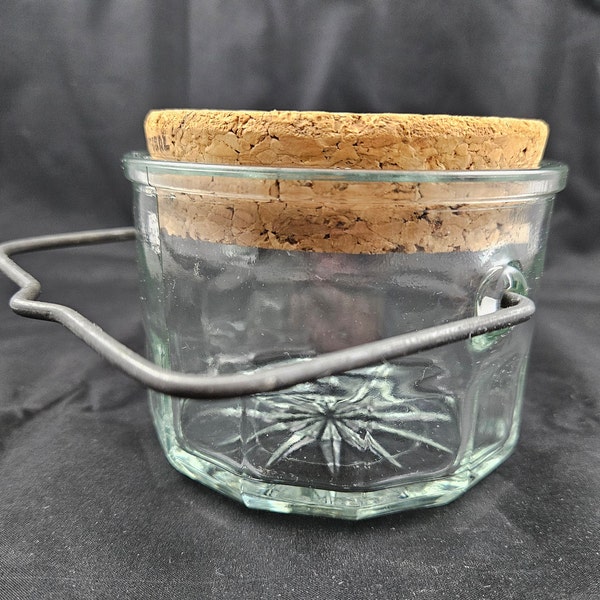 Vintage Wheaton Glass Jar, Vintage Wheaton Faceted Glass Jar Wire metal handle, Wheaton jar, Rare glass jar, corked jar
