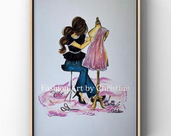 Art Print -Fashion Designer With  Fashion Form- Framable/ Hand Drawn