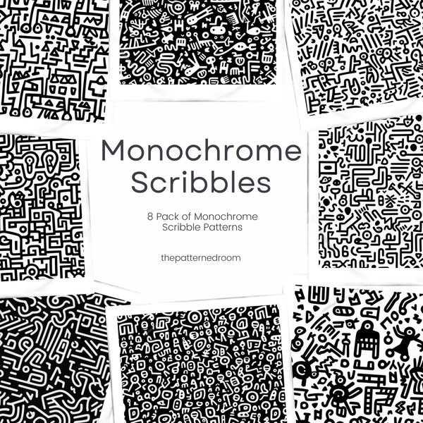 Monochrome Scribbles Seamless Patterns 8 Pack - Téléchargement instantané - Papier kraft imprimable - Modèle de conception numérique