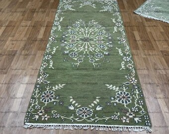 Dark Floral Runner Rug, Handmade Wool Oushak Runner, Vintage Turkish Style Hallway Carpet