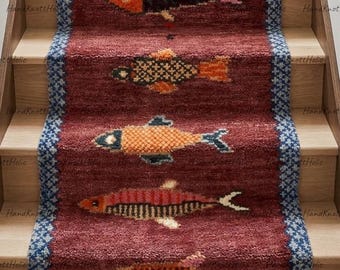 Alfombras de lana anudadas a mano con diseño de peces koi, tamaños 8x10, 9x12, 10x14 o 3x10, 3x12, 3x15. Ideales para galerías, escaleras, etc. Nudos a mano.