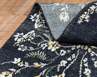 Black Hand Knotted Runner Rug, Vintage Floral Oushak Carpet, Turkish Wool Hallway Rug, Kitchen Runner