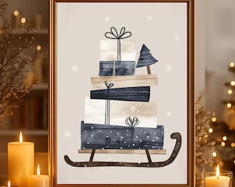 Kerstfotoposter "Slee met geschenken" op mat premium papier, decoratie, wanddecoratie.