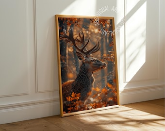 Herbstbild "Hirsch" Poster auf matten Premium-Papier, Deko, Wanddeko.