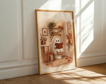 Pôster com imagem de outono "Fantasma no Vaso Sanitário" em papel fosco premium, decoração para parede.