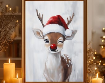 Pôster natalino "Bambi com gorro de Papai Noel" em papel fosco premium, decoração de parede.