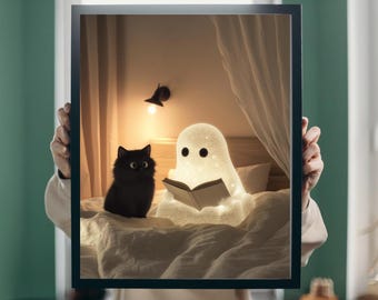 Autumn picture "Ghost & Cat" poster on matte premium paper, decoration, wall decoration.