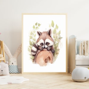 Poster per bambini "procione addormentato" su carta opaca premium, cameretta dei bambini, poster con animali, decorazione, decorazione da parete.