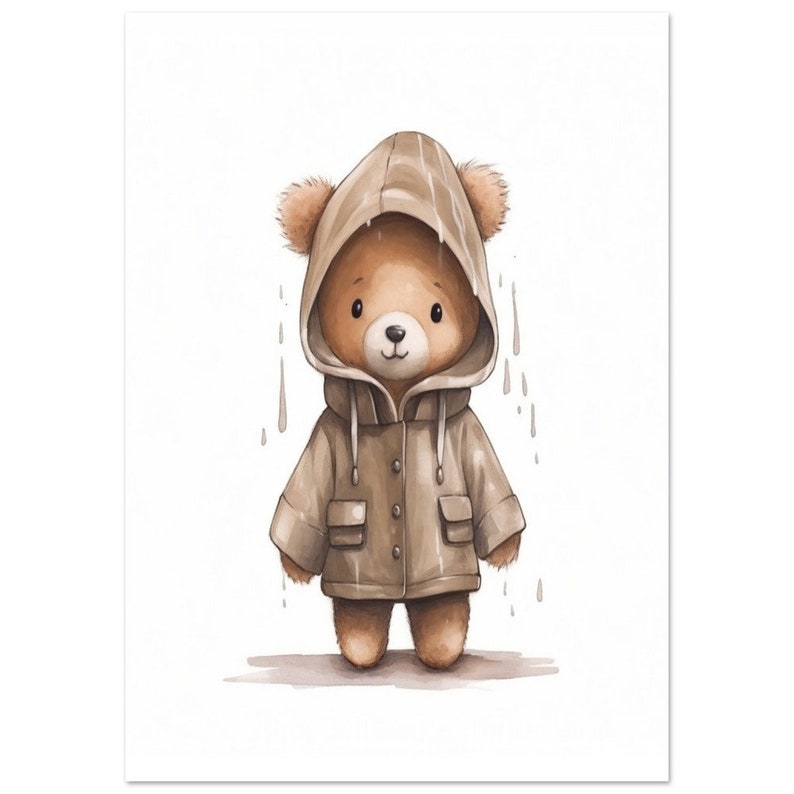 Kinderbild Bär brauner Regenmantel Poster auf mattem Premium-Papier, Kinderzimmer, Tierposter, Deko, Wanddeko. Bild 4