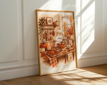 Pôster com imagem de outono "Fantasma na cozinha" em papel fosco premium, decoração para parede.