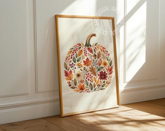 Pôster com imagem de outono "Abóbora com elementos outonais" em papel fosco premium, decoração para parede.