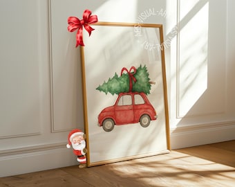 Pôster natalino "Carro com árvore de Natal" em papel fosco premium, decoração de parede.