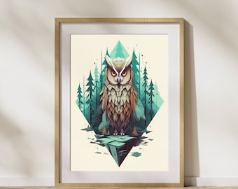 Geometric style "Owl" poster on matte premium paper, decoration, wall decoration.