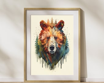 Geometric Style "Bear #2" Poster on matte premium paper, decoration, wall decoration.