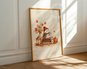 Pôster com imagem de outono "Fantasma sobre Livros" em papel fosco premium, decoração para parede.