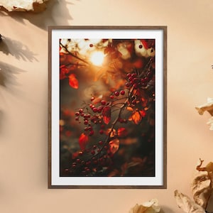 Herbstbild "Rote Beeren #1" Poster auf matten Premium-Papier, Deko, Wanddeko.
