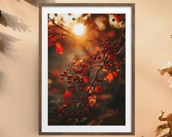 Autumn picture "Red Berries #1" poster on matte premium paper, decoration, wall decoration.