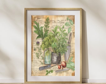 Kitchen picture "Herbs & Recipes" poster on matte premium paper, decoration, wall decoration.