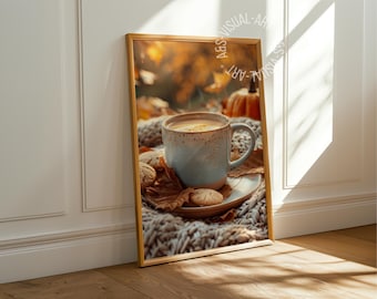 Autumn picture "Coffee for Autumn" poster on matte premium paper, decoration, wall decoration.