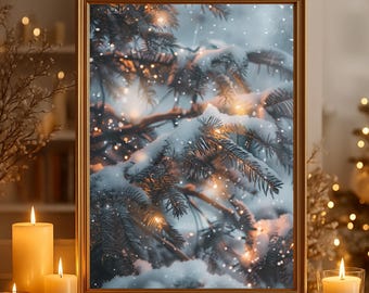 Kerstposter met afbeelding van een "Dennenboom met lichtslingers" op mat premium papier, decoratie, wanddecoratie.