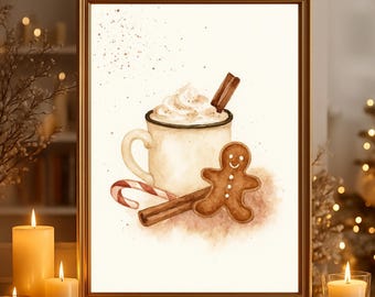 Kerstposter met afbeelding "Cacao met room en kaneel" op mat premium papier, decoratie, wanddecoratie.