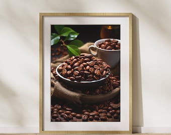 Pôster decorativo de cozinha "Tigela com grãos de café" em papel fosco premium, para parede.