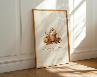 Pôster com imagem de outono "Abóbora com Especiarias" em papel fosco premium, decoração para parede.
