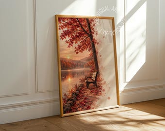 Pôster com imagem de outono "Relaxamento à beira do rio" em papel fosco premium, decoração para parede.