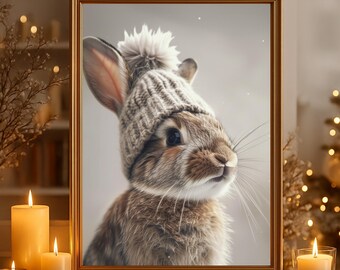 Christmas picture "Rabbit with hat" poster on matte premium paper, decoration, wall decoration.