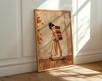 Pôster com imagem de outono "Menina com livros" em papel fosco premium, decoração para parede.
