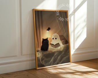 Póster con imagen otoñal "Fantasma y gato" en papel mate de alta calidad, ideal para decoración de paredes.