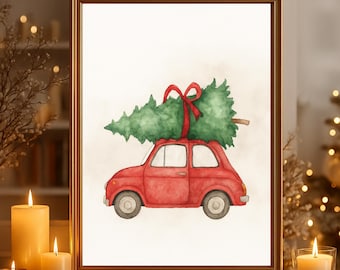 Kerstfoto "Auto met kerstboom" poster op mat premium papier, decoratie, wanddecoratie.
